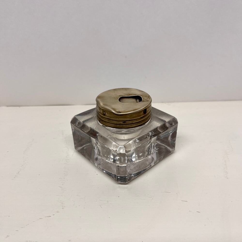 Antique Jacobus Square Glass Inkstand with Metal Lid
